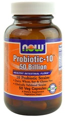 NOW Foods Probiotic 10-50 Billion bottle label, supports daily gut balance.