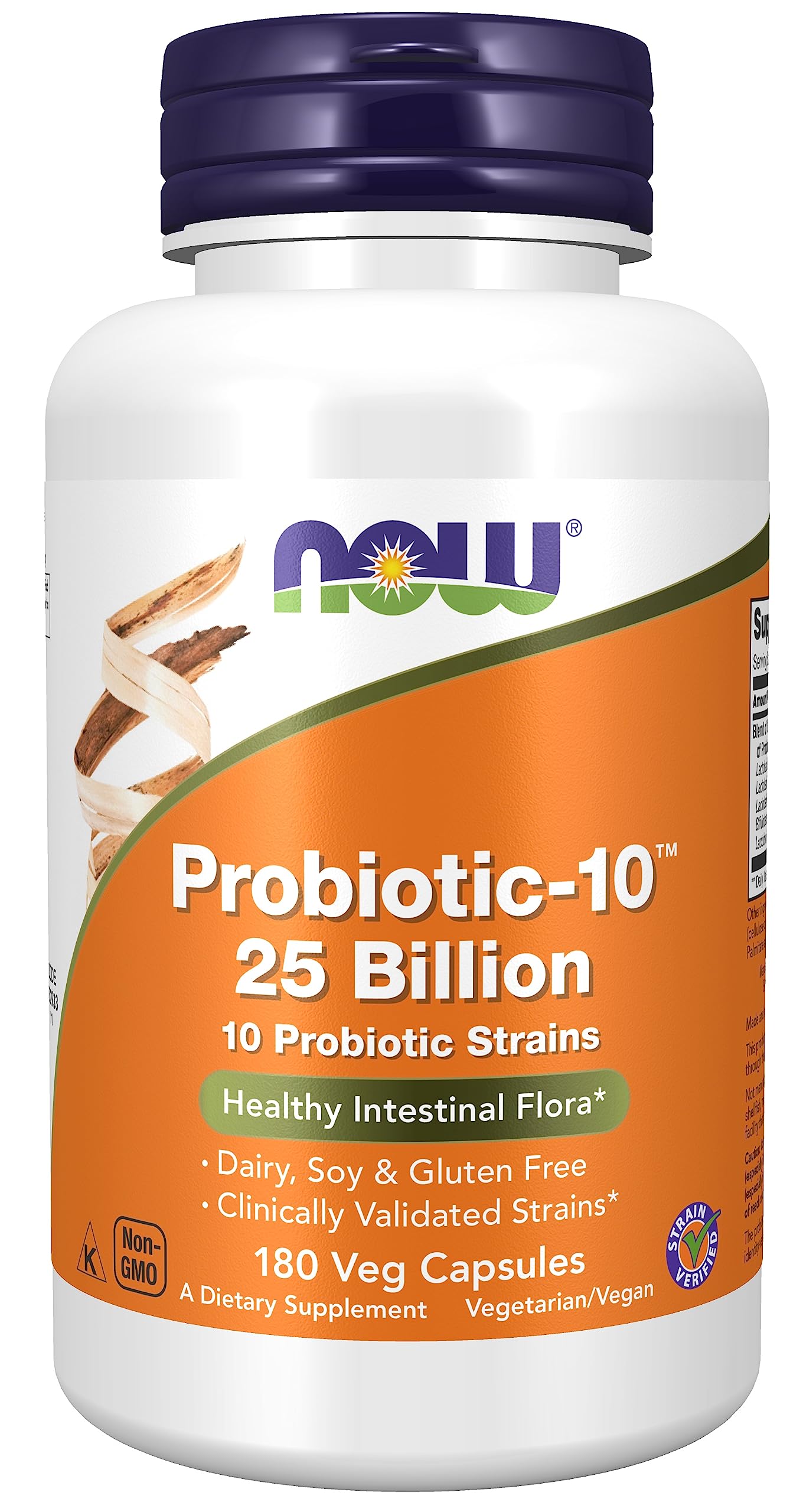 NOW Foods Probiotic-10 bottle cap shows the container for daily gut support