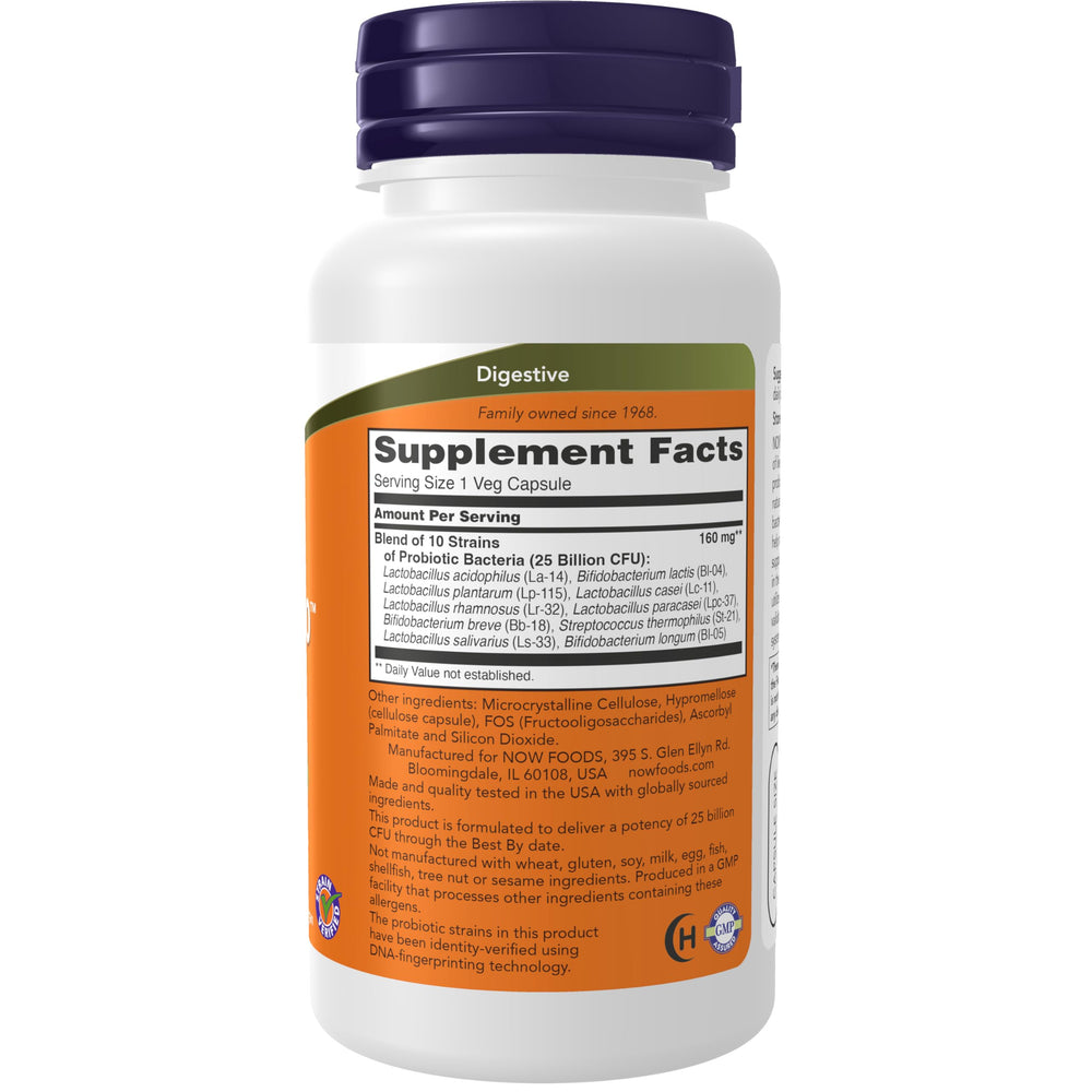 NOW Foods Probiotic-10 bottle being poured for easy daily use