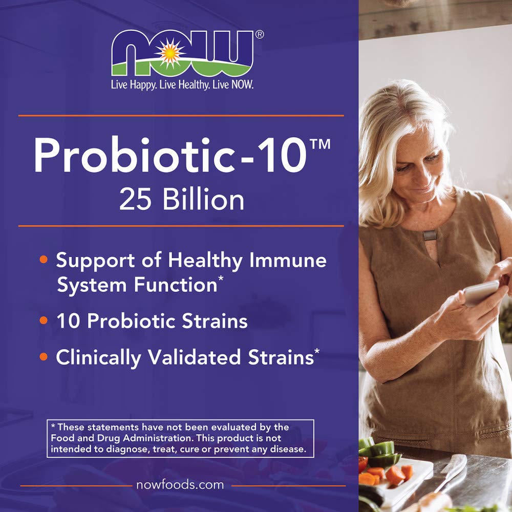 NOW Foods Probiotic-10 capsule pour demonstrates easy daily dosing