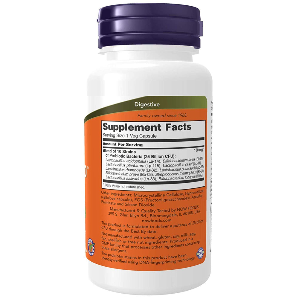 NOW Foods Probiotic-10 capsules closeup highlights multiple strains for digestive balance.