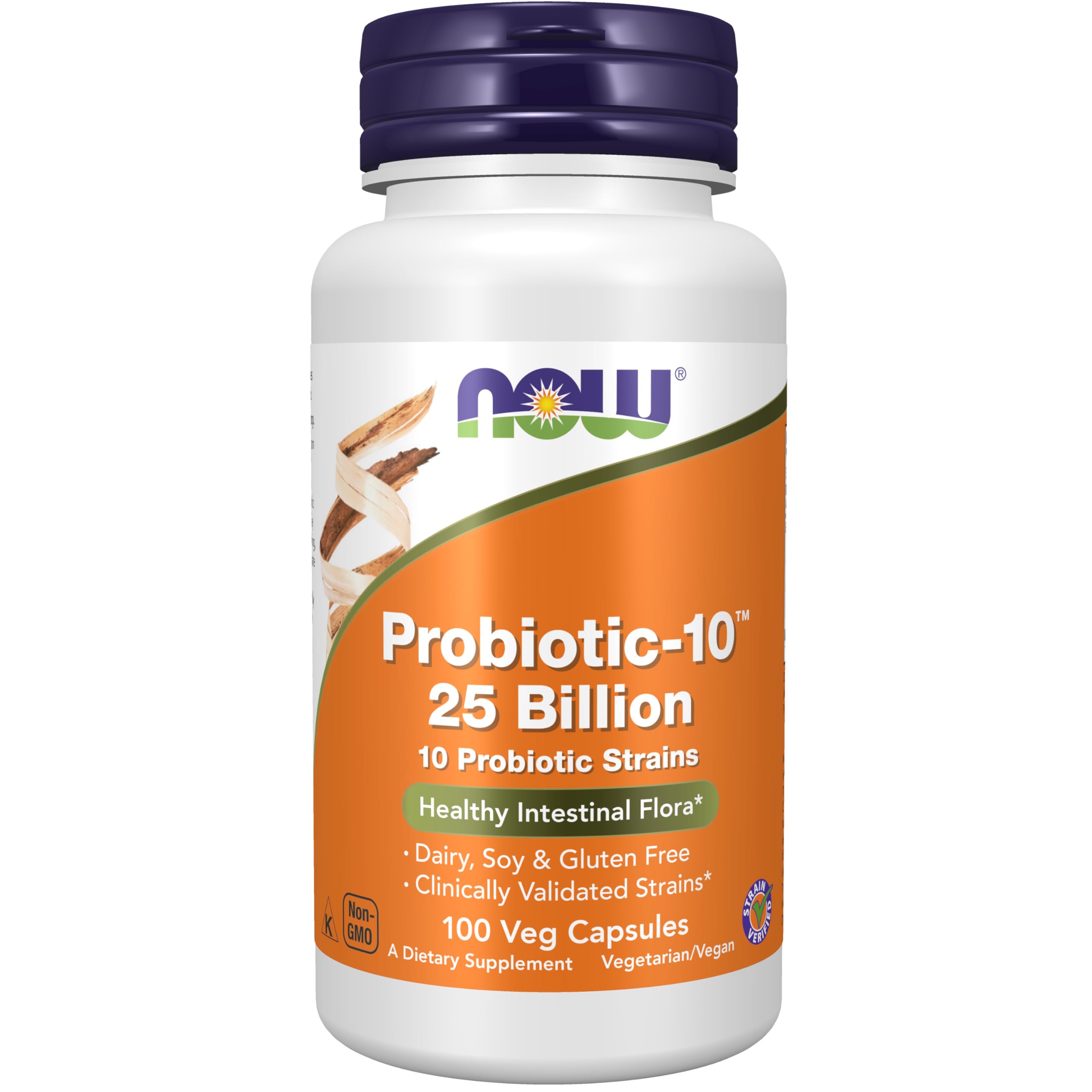 NOW Foods Probiotic-10 bottle front view shows 25B CFU and 10 strains for daily balance
