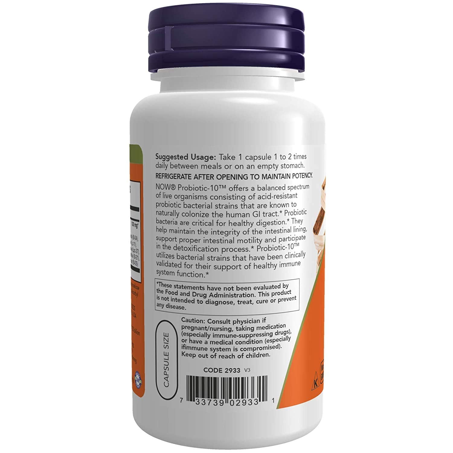 NOW Foods Probiotic-10 label detail emphasizes GMP quality and USA manufacturing.
