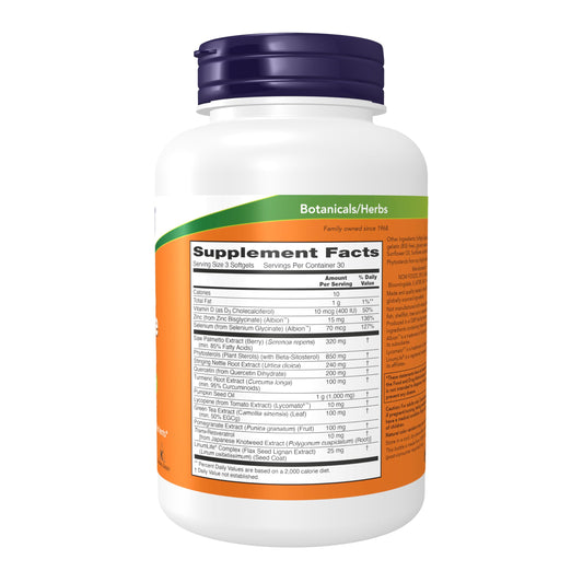 NOW Foods Prostate Health bottle back label with nutrient details and directions