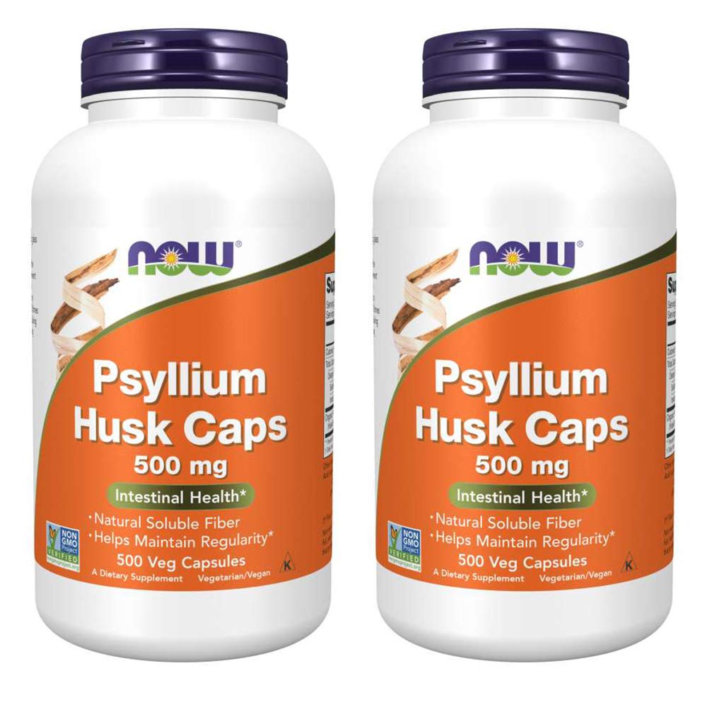 NOW Foods Psyllium Husk 500mg bottle front displaying packaging and dosage.