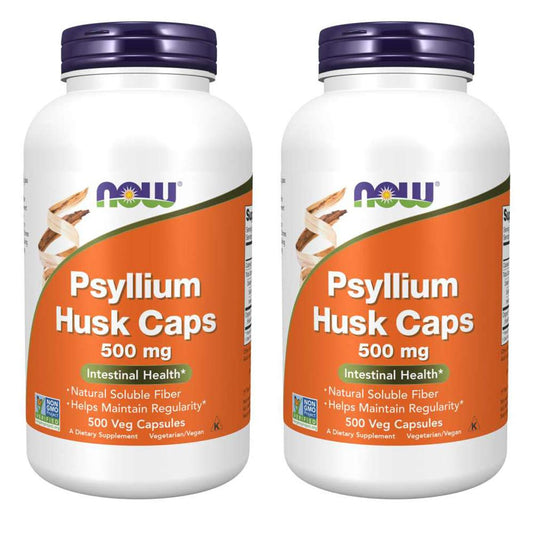 NOW Foods Psyllium Husk 500mg bottle front displaying packaging and dosage.