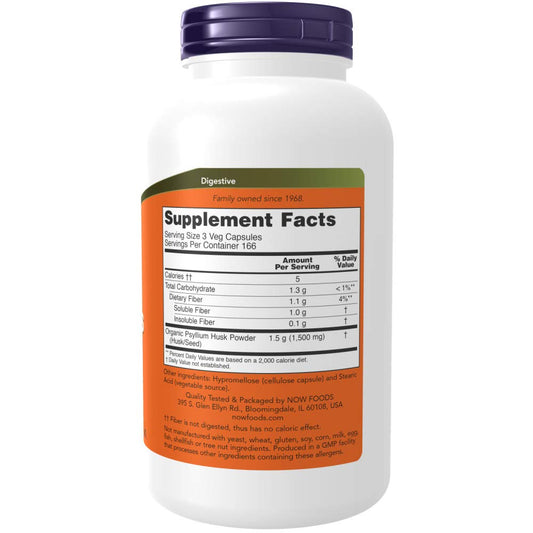NOW Foods Psyllium Husk 500mg bottle label with ingredients and certifications.