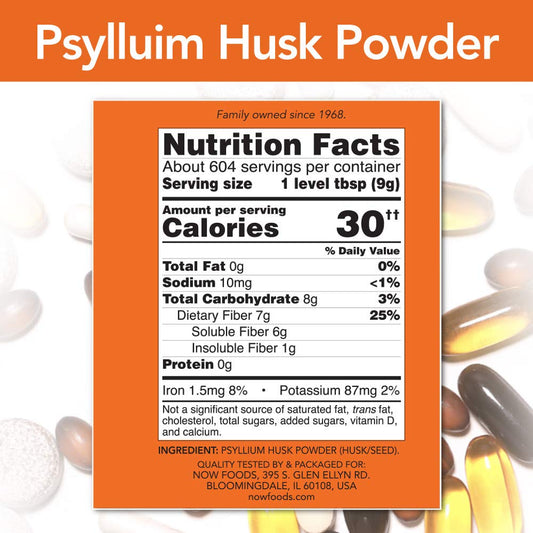 NOW Foods psyllium husk powder scoop emphasizes easy measuring for fiber-rich intake.