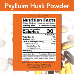 NOW Foods psyllium husk powder scoop emphasizes easy measuring for fiber-rich intake.