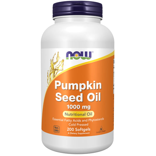 NOW Foods pumpkin seed oil bottle for daily essential fatty acids.