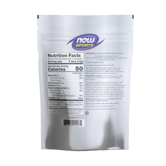 NOW Foods pumpkin seed protein powder bag back label displays non-GMO and ingredients.