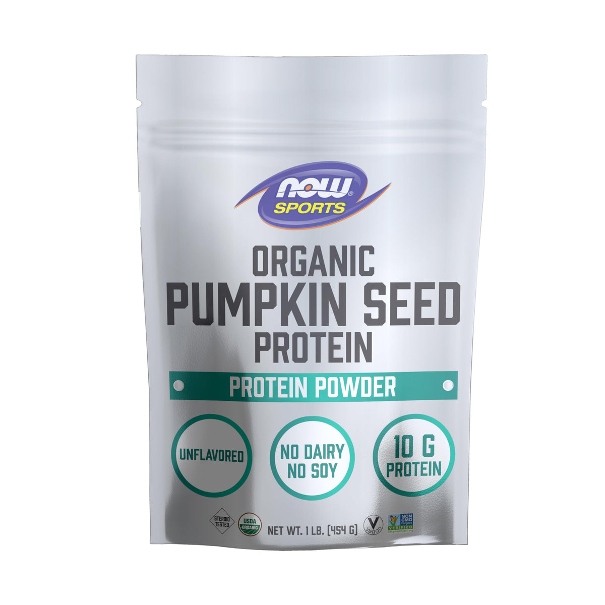 NOW Foods pumpkin seed protein powder bag front shows vegan protein option.