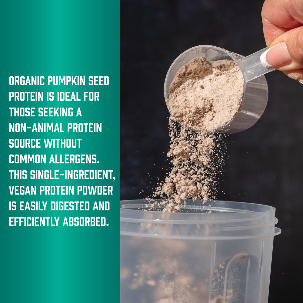 NOW Foods pumpkin seed protein powder in a bowl showcases nutty aroma and color.
