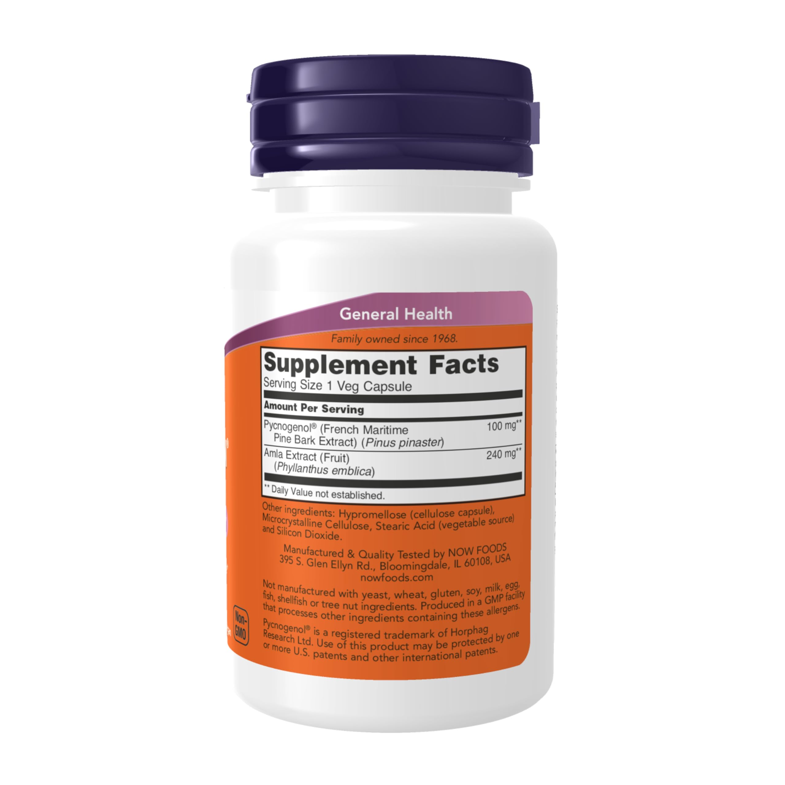 NOW Foods Pycnogenol 100 mg capsules closeup highlighting antioxidant content