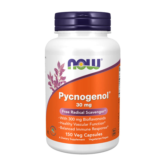 NOW Foods Pycnogenol 30 mg bottle closeup highlighting antioxidant blend for vascular support