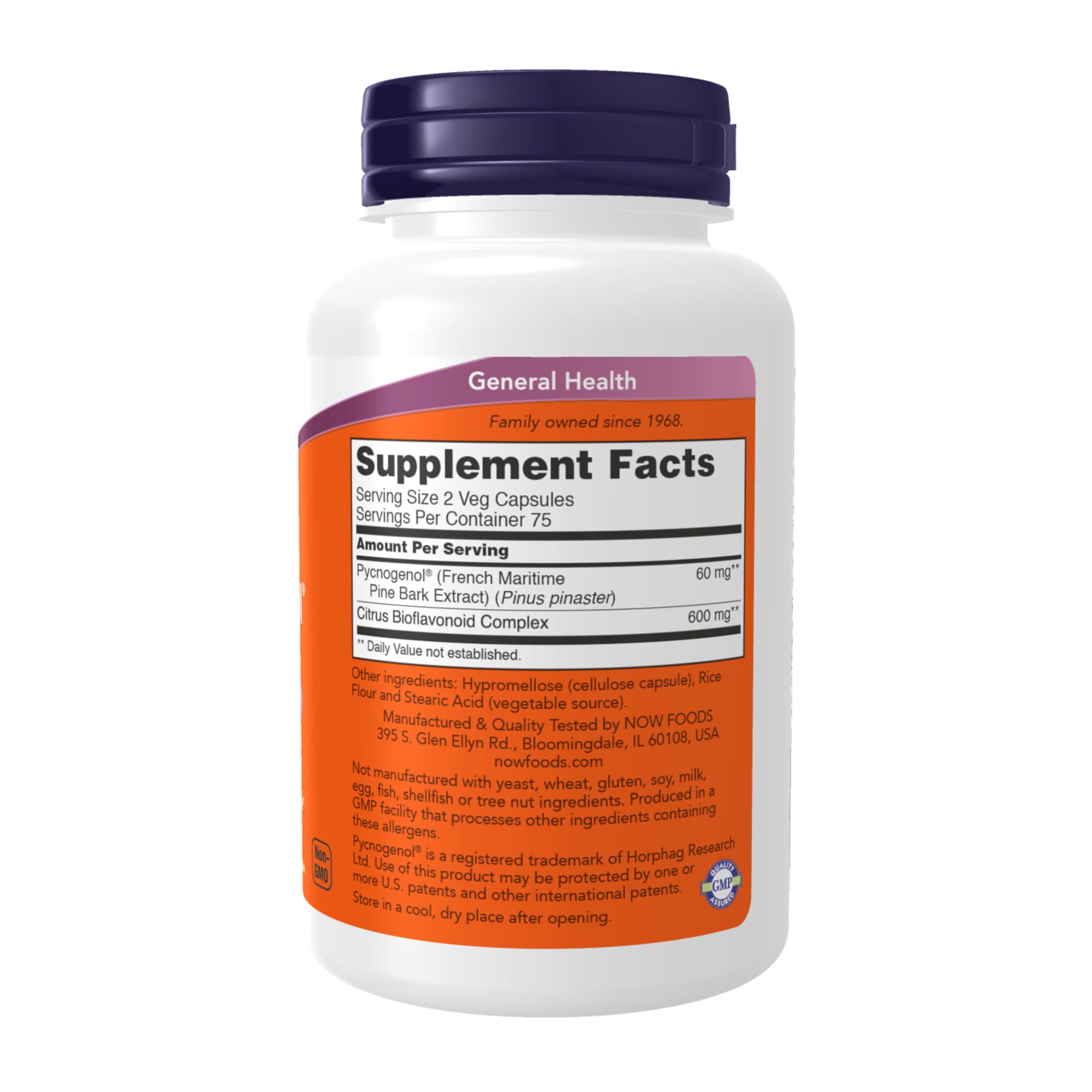 NOW Foods Pycnogenol bottle label, highlighting proanthocyanidins and bioflavonoids for vascular health