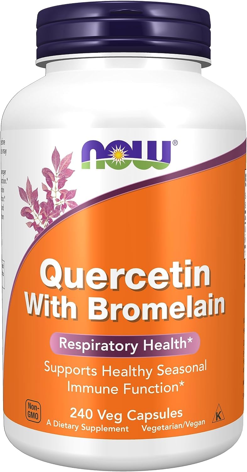 NOW Foods Quercetin with Bromelain bottle label detail notes kosher and vegan certifications