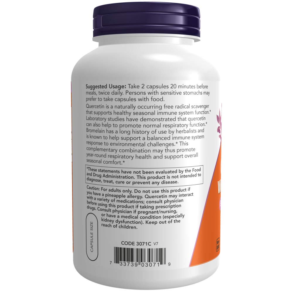 NOW Foods Quercetin with Bromelain ingredients panel shows transparent formulation