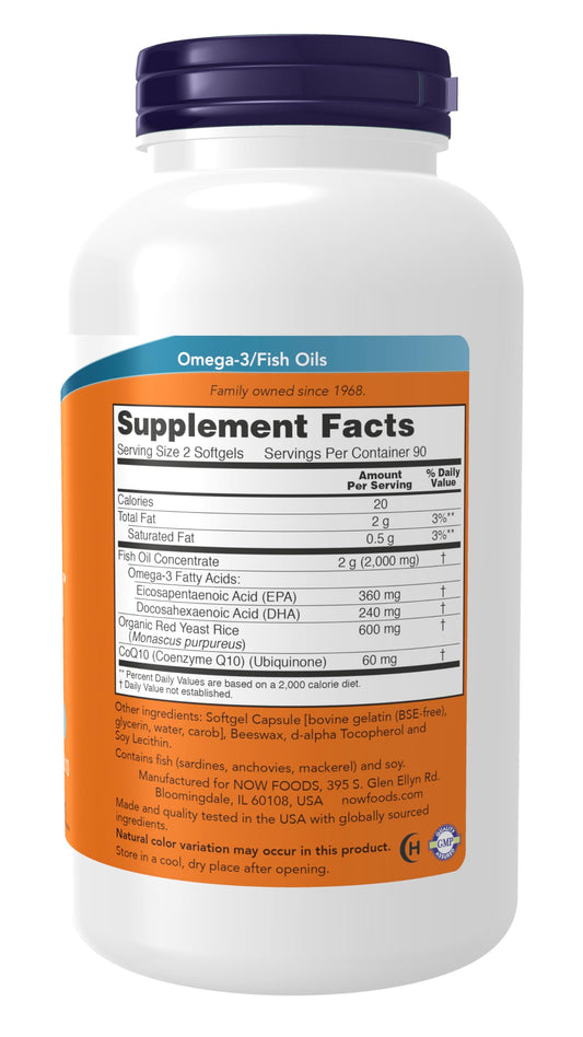 NOW Foods Red Omega label-closeup showing CoQ10 and omega-3 ingredients.