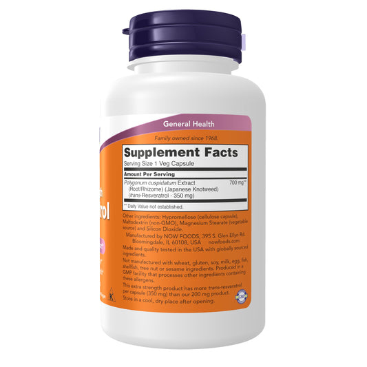 NOW Foods Resveratrol ingredient label highlighting Japanese knotweed extract