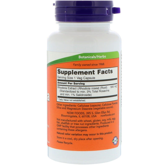 NOW Foods Rhodiola 2-pack box, compact packaging for daily adaptogenic use.