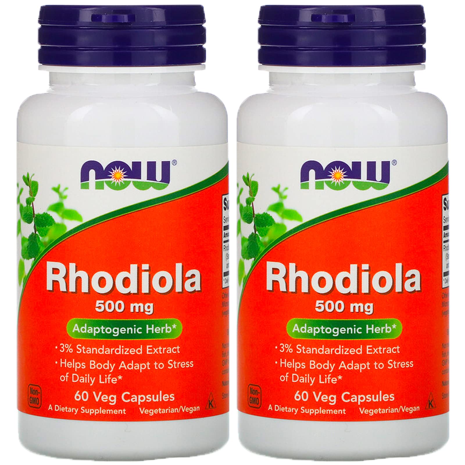 NOW Foods Rhodiola 500 mg bottle front view, vegetarian adaptogenic supplement.