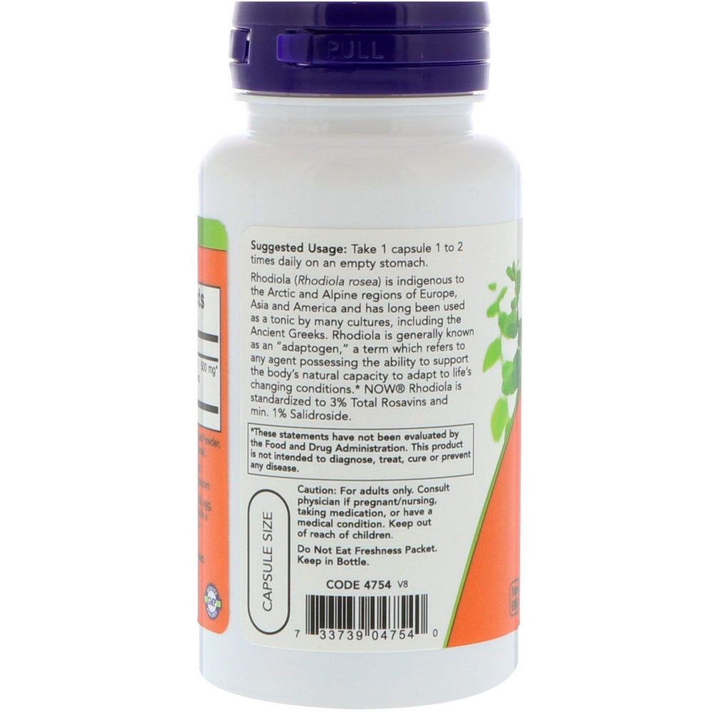 NOW Foods Rhodiola 500 mg veggie capsules, easy daily supplement.