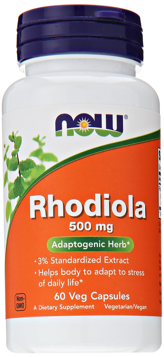 NOW Foods Rhodiola 500mg bottle, balanced energy support with standardized extract.