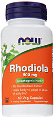 NOW Foods Rhodiola 500mg bottle, balanced energy support with standardized extract.