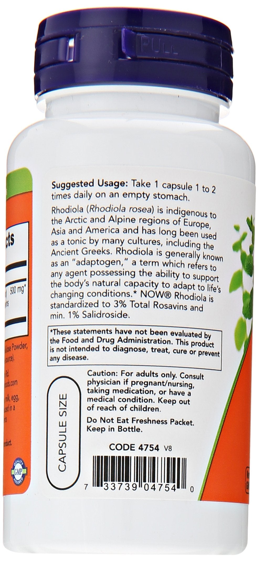 NOW Foods Rhodiola capsules close-up shows 3% rosavins and 1% salidroside.