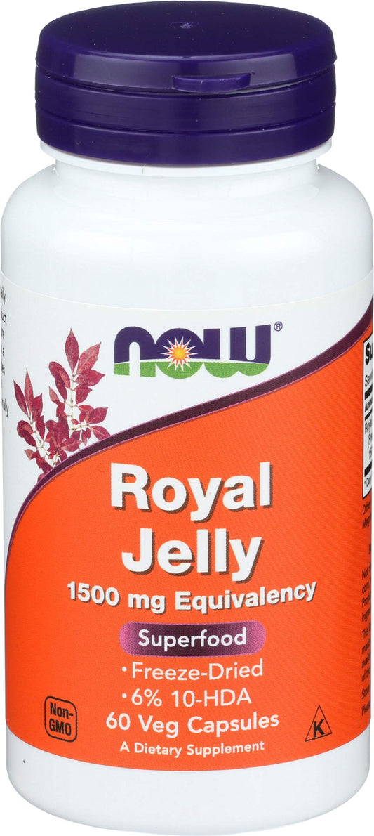 NOW Foods Royal Jelly 1500mg bottle highlights high potency for daily wellness.