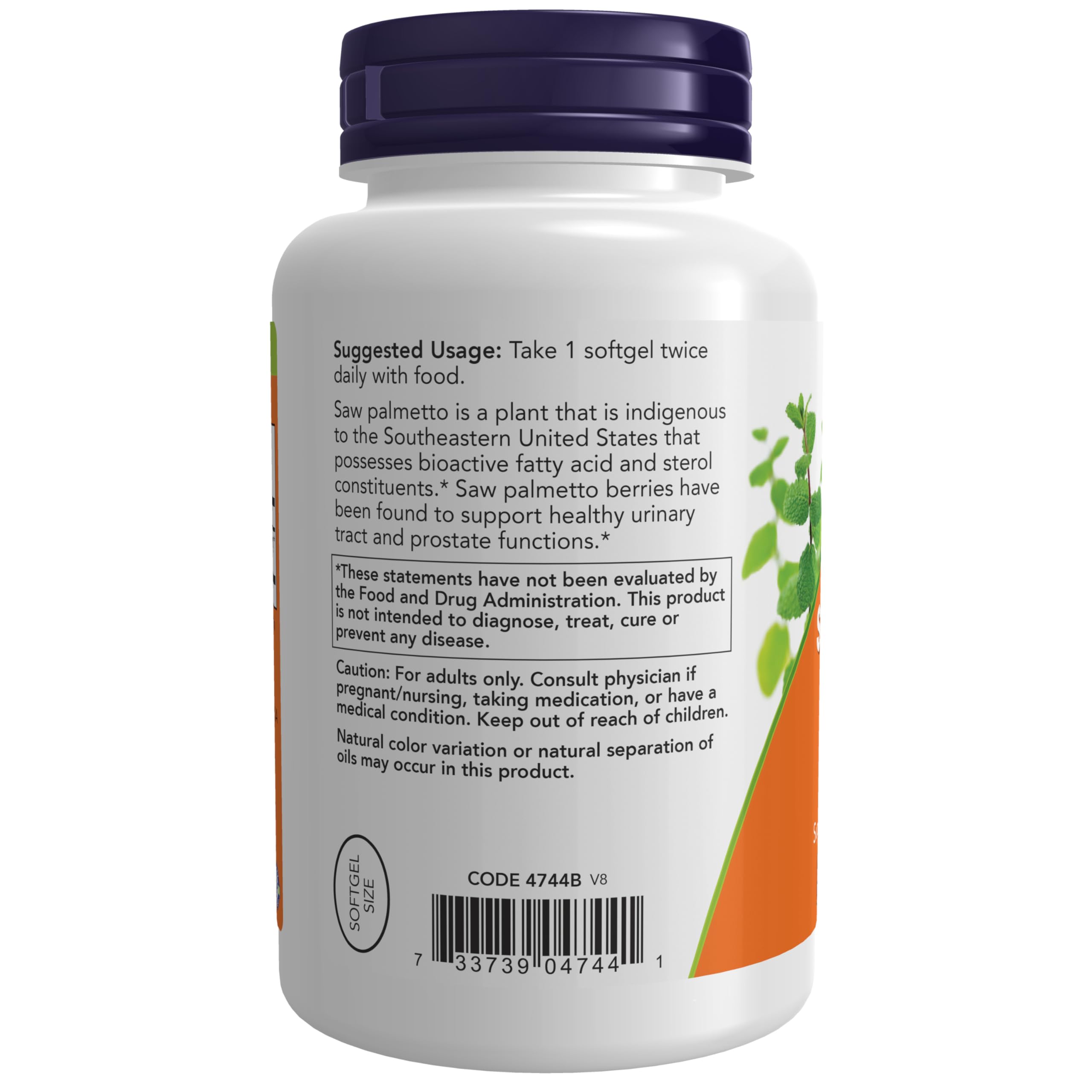 NOW Foods Saw Palmetto Extract label showing 160 mg per softgel for informed use