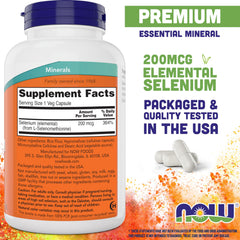 Closeup of NOW Foods Selenium 200mcg capsules for easy swallowing