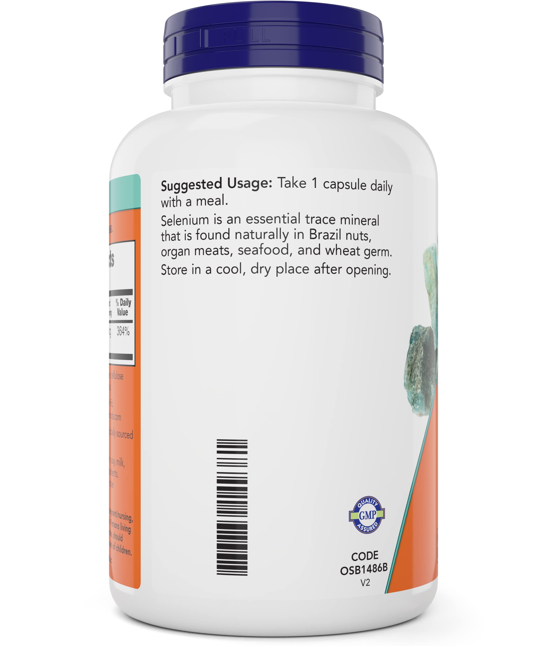 NOW Foods Selenium 200mcg label shows non-GMO and vegan features