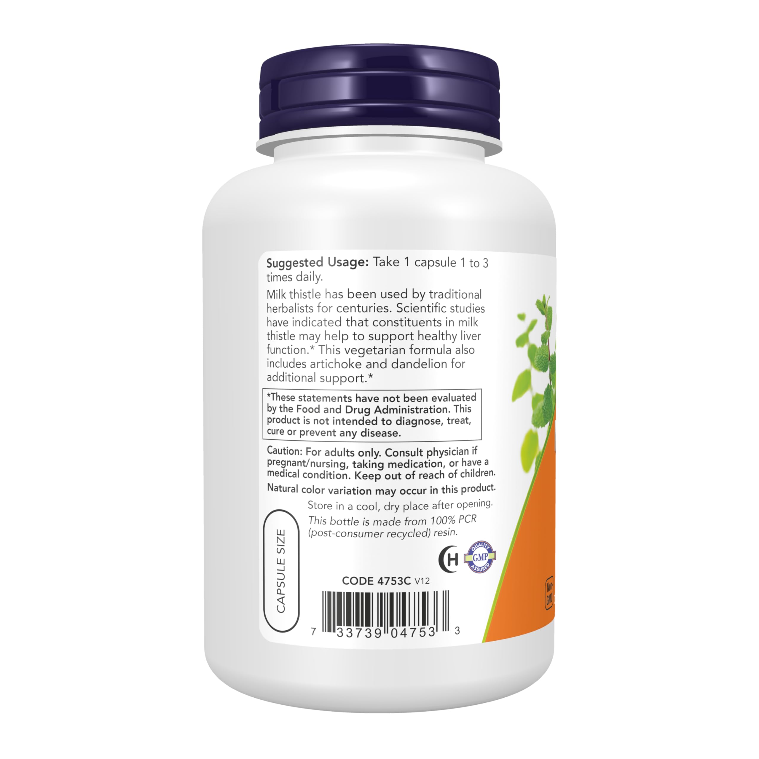 NOW Foods Silymarin bottle label closeup shows vegetarian capsules for daily wellness.