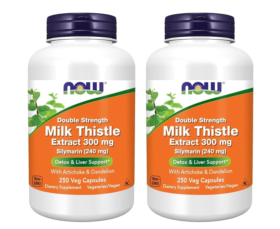 NOW Foods Silymarin Milk Thistle bottle with double-strength capsules for potential liver support.