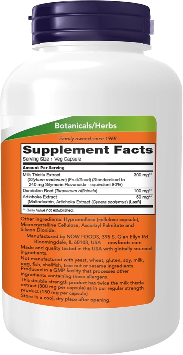 NOW Foods Silymarin packaging box showing vegan and non-GMO labels with herb blend.