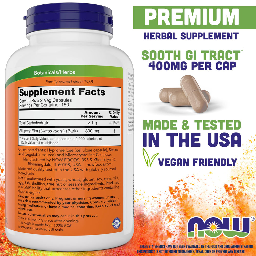 NOW Foods Slippery Elm 400 mg bottle back label shows allergen and usage info