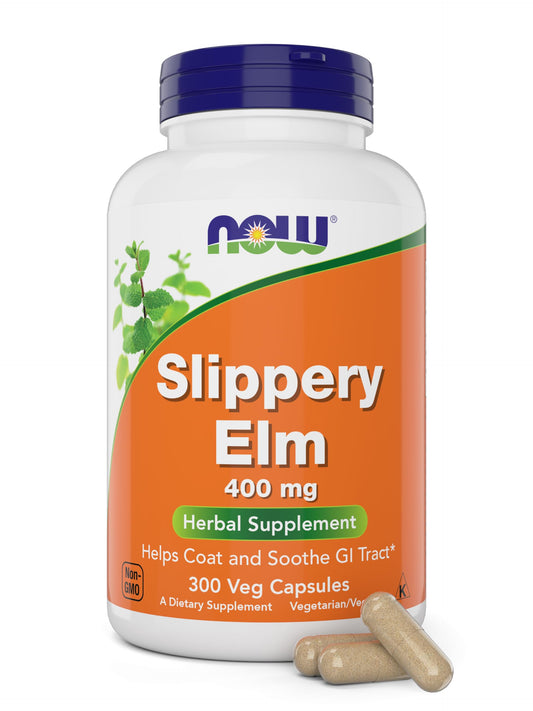 NOW Foods Slippery Elm 400 mg bottle front with clear branding and packaging