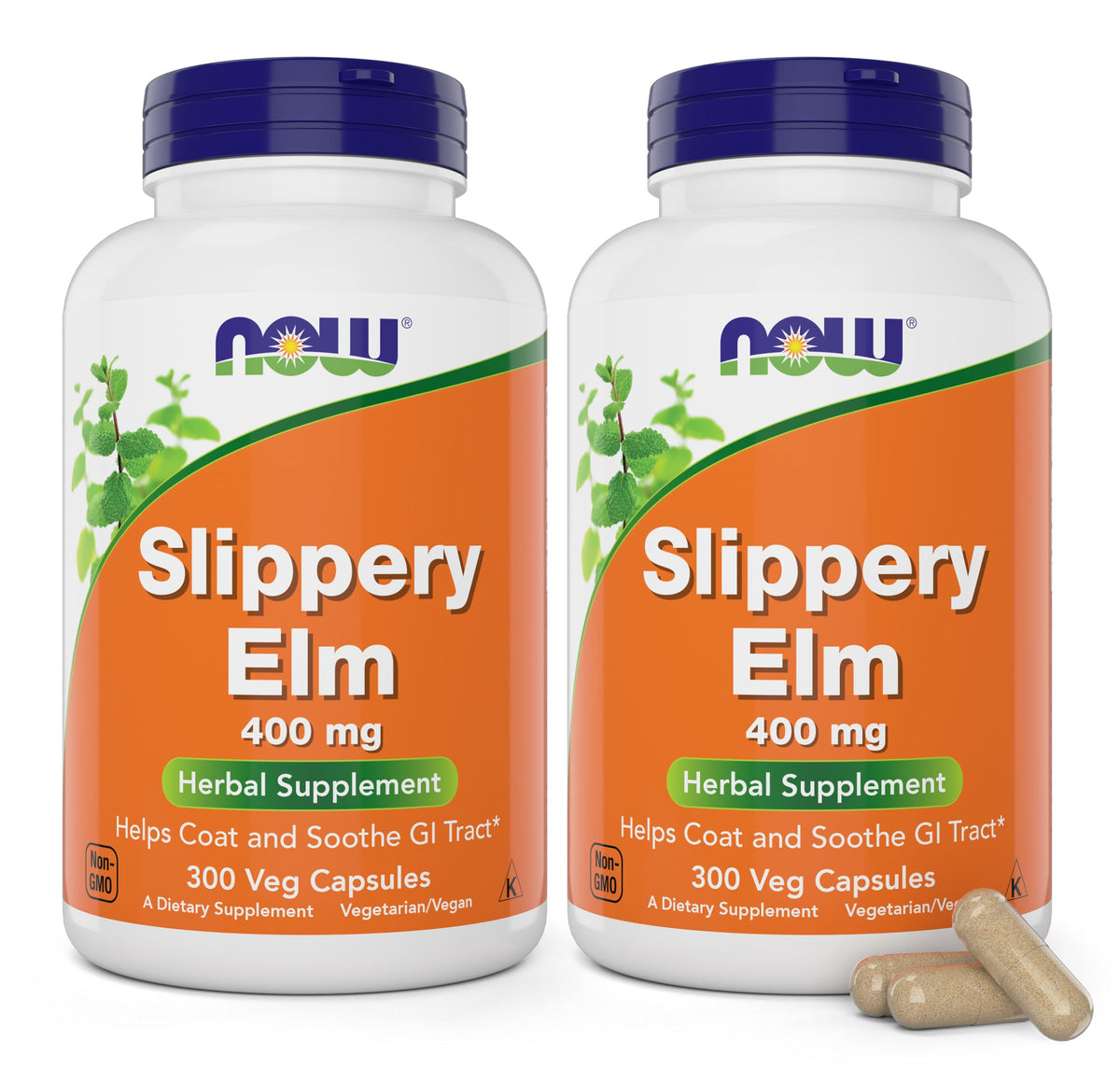 NOW Foods Slippery Elm 400 mg capsules in a two-bottle pack, convenient for regular use