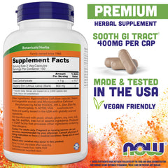 NOW Foods Slippery Elm 400 mg capsules close-up highlighting vegan capsules