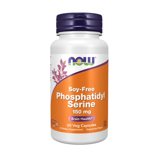 NOW Foods phosphatidyl serine bottle highlights sunflower-origin formula for brain health support.