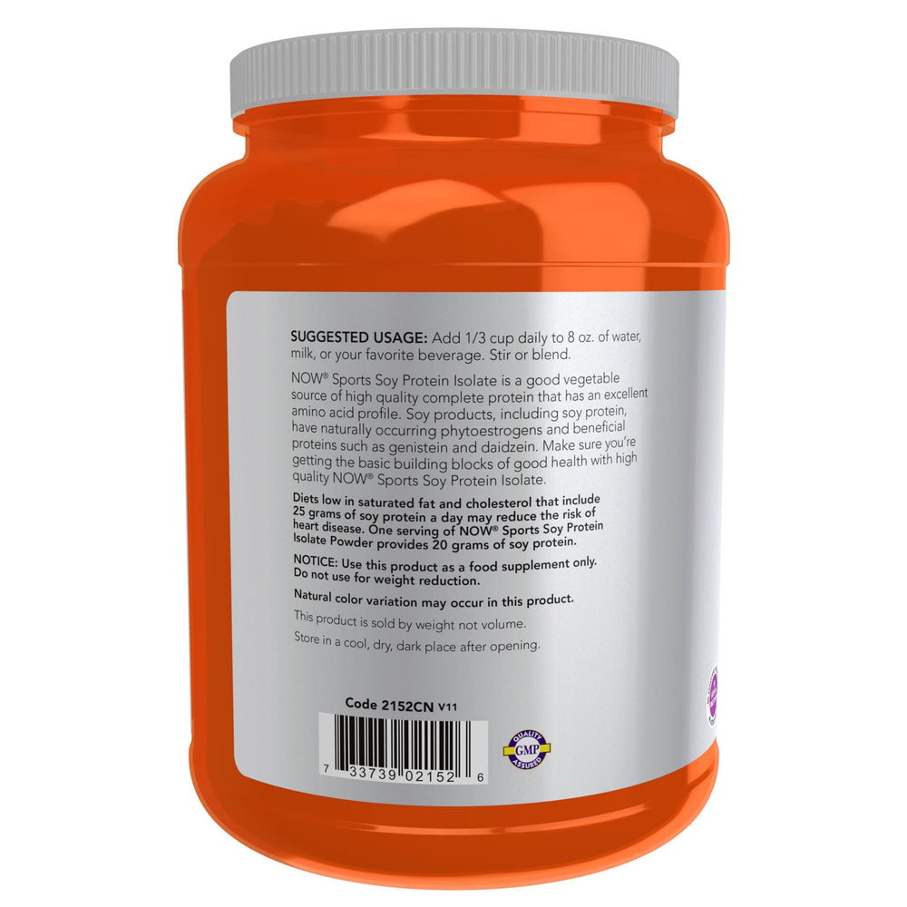 NOW Foods Soy Protein Isolate bottle label view emphasizing ingredient transparency