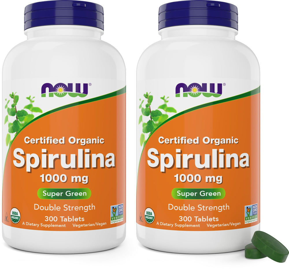 NOW Foods spirulina 1000mg tablets closeup highlighting nutrient-dense whole-food supplement.