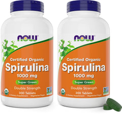 NOW Foods spirulina 1000mg tablets closeup highlighting nutrient-dense whole-food supplement.