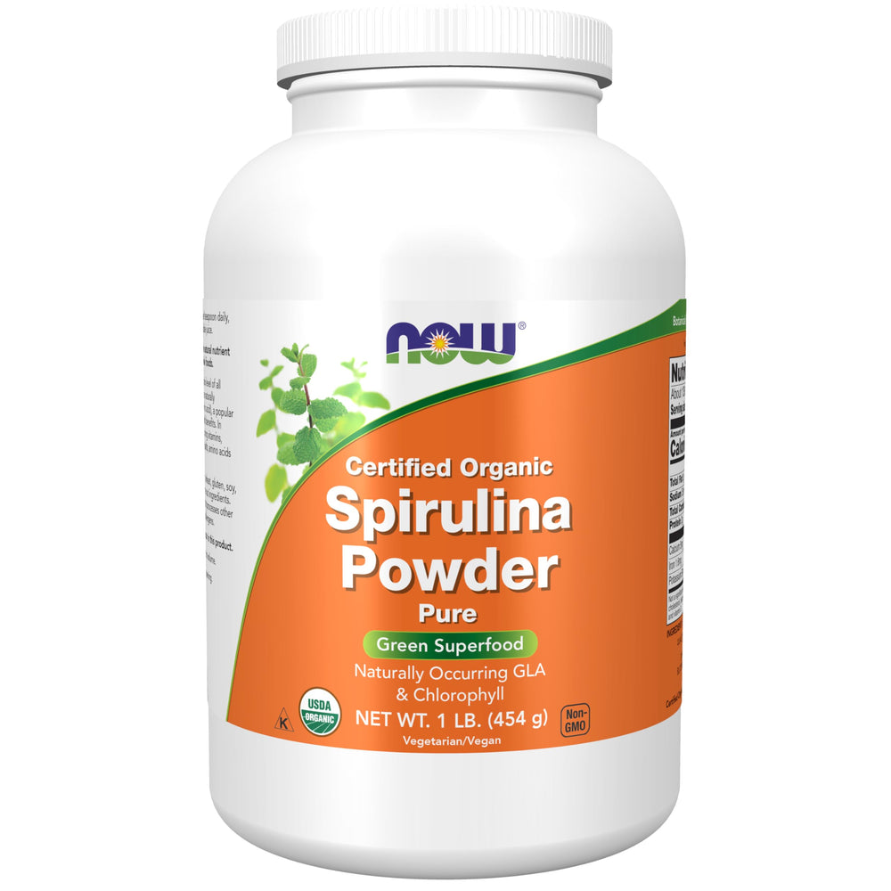 NOW Foods Spirulina powder bottle, organic superfood ideal for smoothies