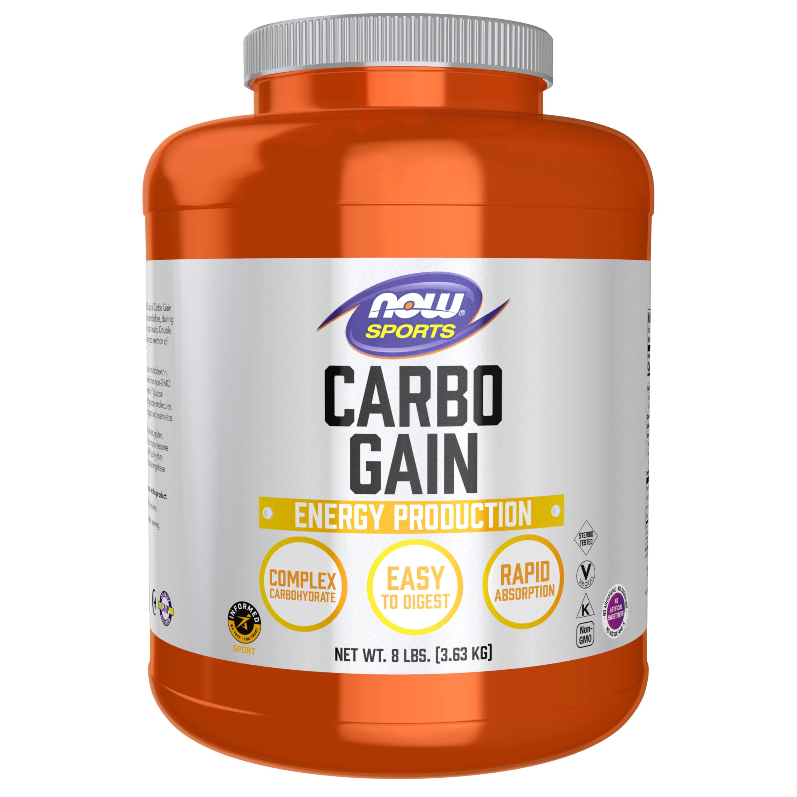 NOW Foods Carbo Gain powder in packaging highlights non-GMO maltodextrin for steady energy