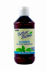 NOW Foods Stevia Glycerite bottle label highlights sugar-free sweetness for beverages.