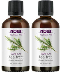 NOW Foods Tea Tree Oil bottle close-up highlighting purity and cleansing versatility.