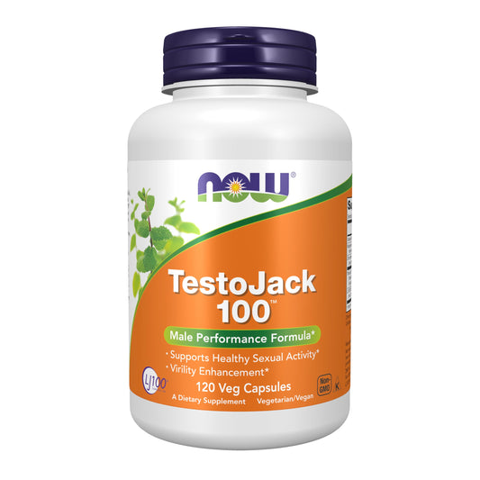 NOW Foods TestoJack 100 bottle on shelf, supports healthy sexual activity and vitality.
